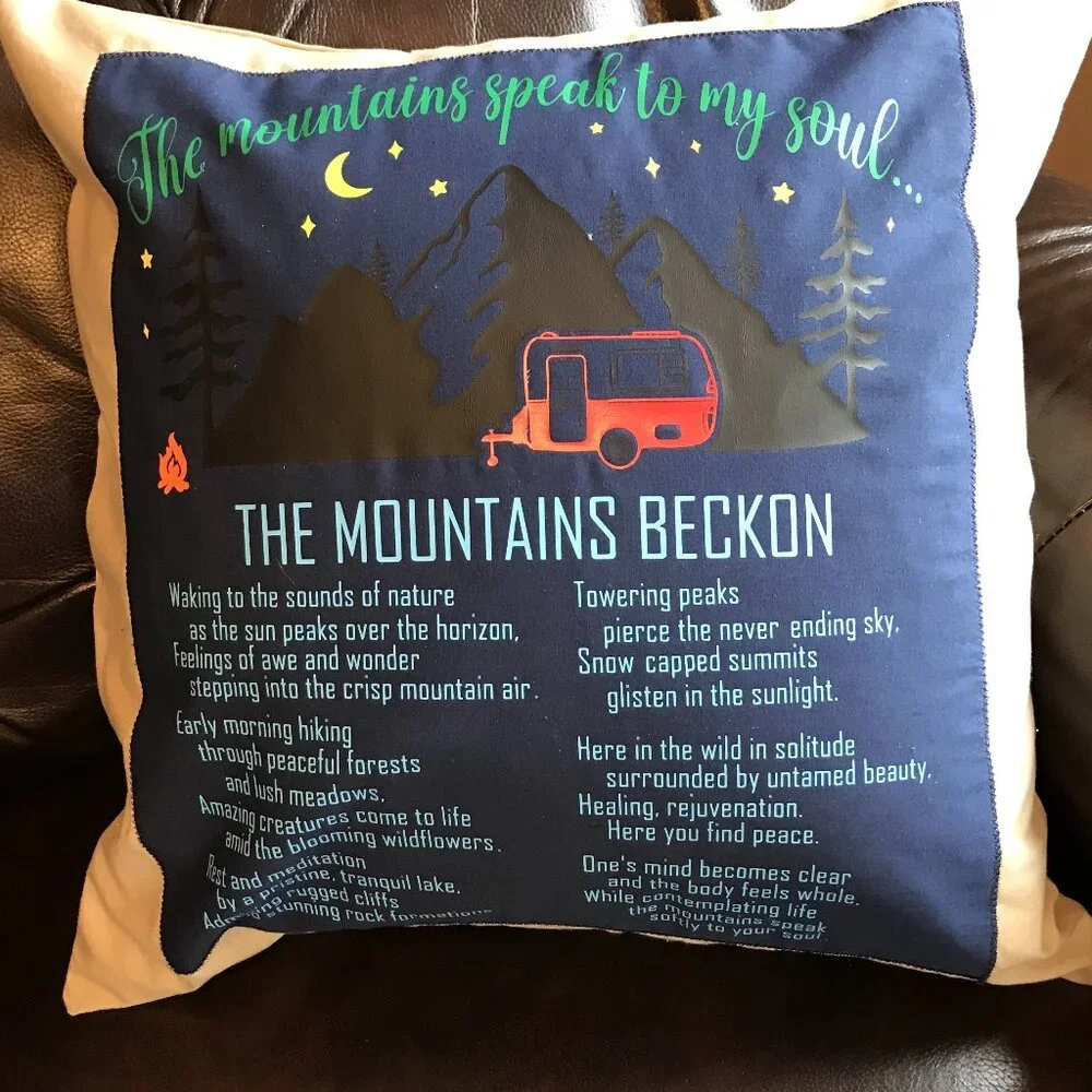 Mountain Camping Pillow Cover, Handmade Vintage Camper Cabin Decor 18 x 18 in.
